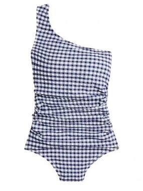 J. Crew Navy and White Gingham One-Shoulder Swimsuit